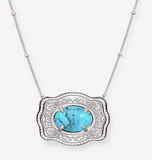 SpurWest Mini Belt Buckle Necklace featuring a turquoise stone and intricate silver detailing, perfect for stylish western wear.