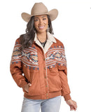 Rock & Roll Denim Women's Aztec Sherpa Bomber Jacket worn by a model, featuring southwestern pattern and cozy sherpa lining.