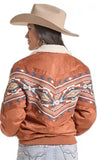 Rock & Roll Denim Women's Aztec Sherpa Bomber Jacket showcasing bold southwestern pattern and cozy sherpa lining.
