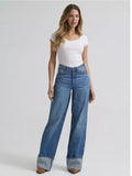 Wrangler Retro Women's Bailey Wide Leg Cuffed Jeans in medium wash, styled with a fitted white top.