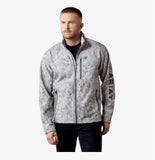 Ariat Men's Logo Softshell Jacket in Grey Camo with embroidered logo detail, showcasing comfort and weather protection.
