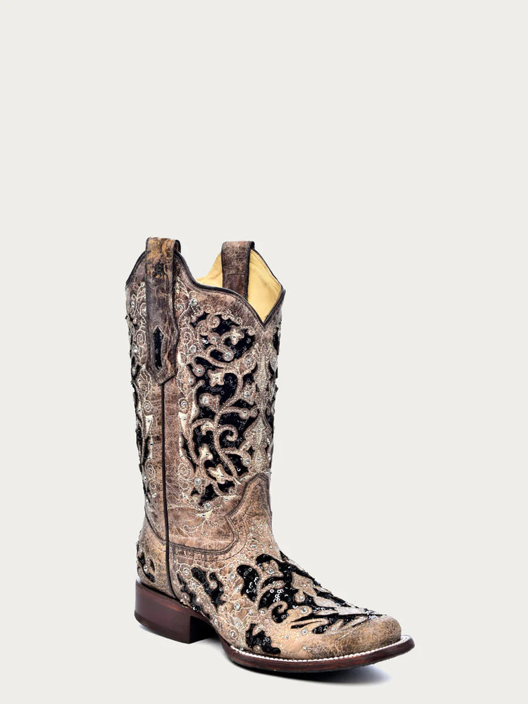 A3648 - Women's Black Glitter Inlay Floral Overlay with Crystals and Studs Square Toe Boot