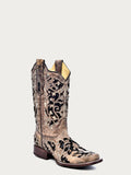 A3648 - Women's Black Glitter Inlay Floral Overlay with Crystals and Studs Square Toe Boot