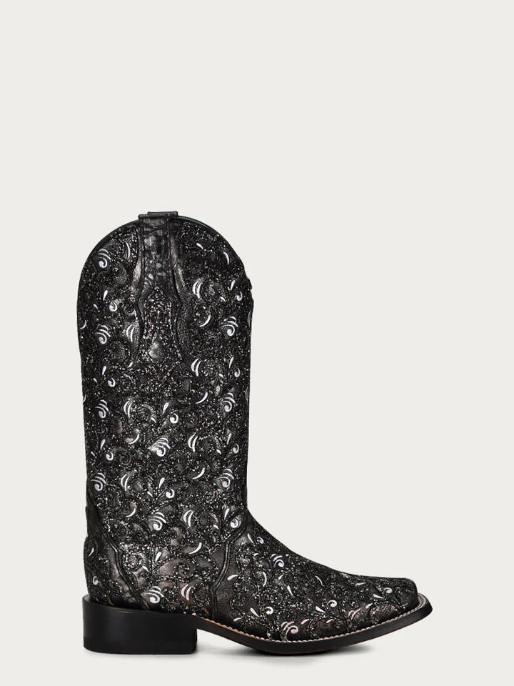 C4061 - WOMEN'S BLACK GLITTER OVERLAY WHITE EMBROIDERY BLACK SQUARE TOE COWBOY BOOT