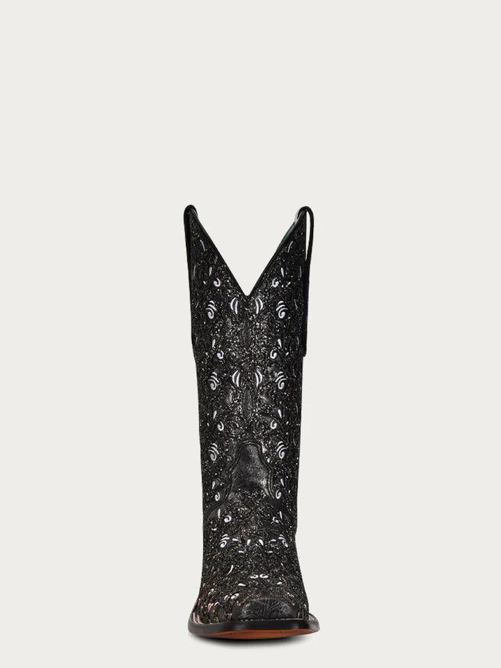 C4061 - WOMEN'S BLACK GLITTER OVERLAY WHITE EMBROIDERY BLACK SQUARE TOE COWBOY BOOT