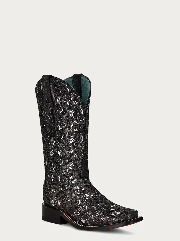 C4061 - WOMEN'S BLACK GLITTER OVERLAY WHITE EMBROIDERY BLACK SQUARE TOE COWBOY BOOT