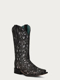 C4061 - WOMEN'S BLACK GLITTER OVERLAY WHITE EMBROIDERY BLACK SQUARE TOE COWBOY BOOT