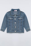 Kids Pearl Jean Jacket with silver buttons and pearl embellishments, stylish denim material for children.
