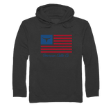 American Cattle Company Flag Hoodie in Charcoal Heather featuring bull skull design and stars and stripes.