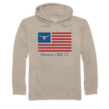 Tan American Cattle Company hoodie featuring a unique bull skull design with the American flag.