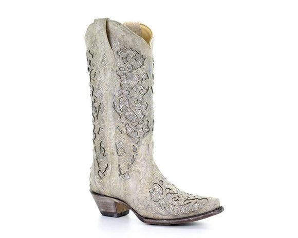 Corral White Glittered Inlay and Crystals Snip Toe Wedding Boot