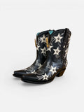 Corral Black Embroidery & Stars Studded Ankle Boot featuring intricate star designs in black leather.