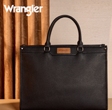 Wrangler large black tote bag with logo patch on display, showcasing its stylish design and versatility.