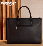 Wrangler black tote bag with top handles and front zip pocket on a textured surface.