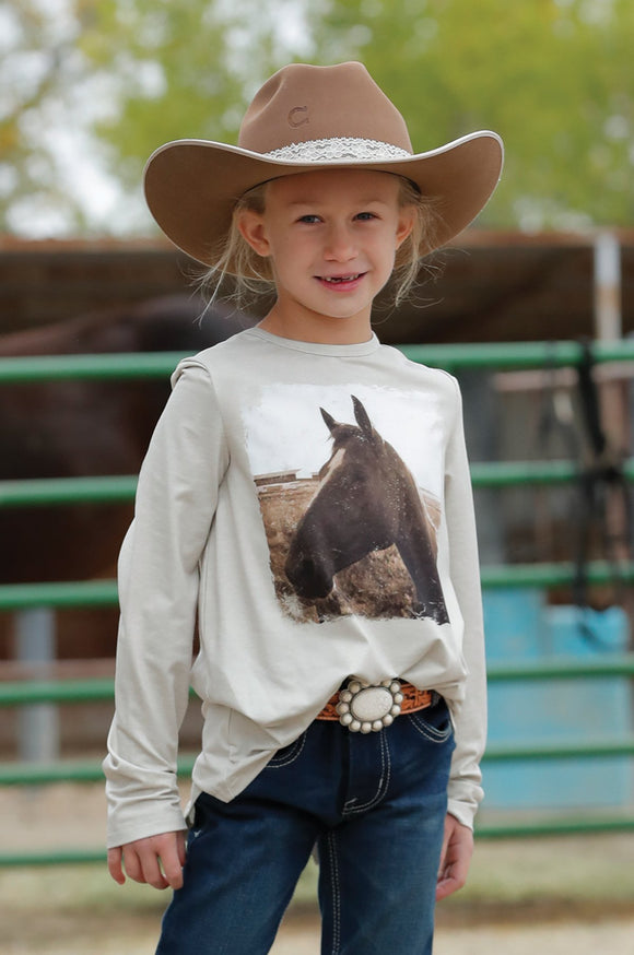 Girl's Long Sleeve Horse Tee - Oatmeal