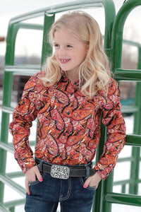 Girls Paisley Print Western Shirt - Black / Orange