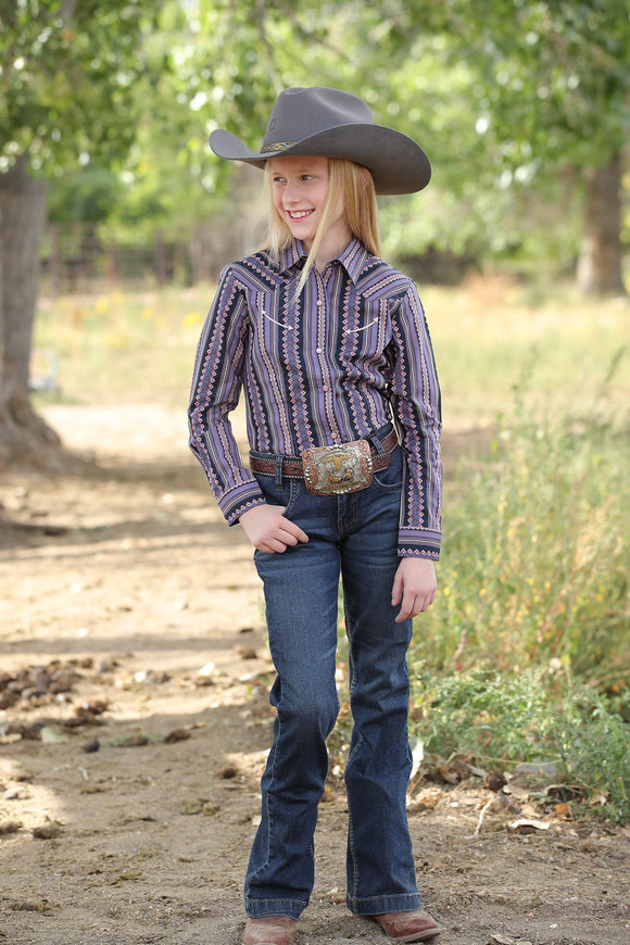 Girl's Geometric Stripe Print Western Shirt - Purple