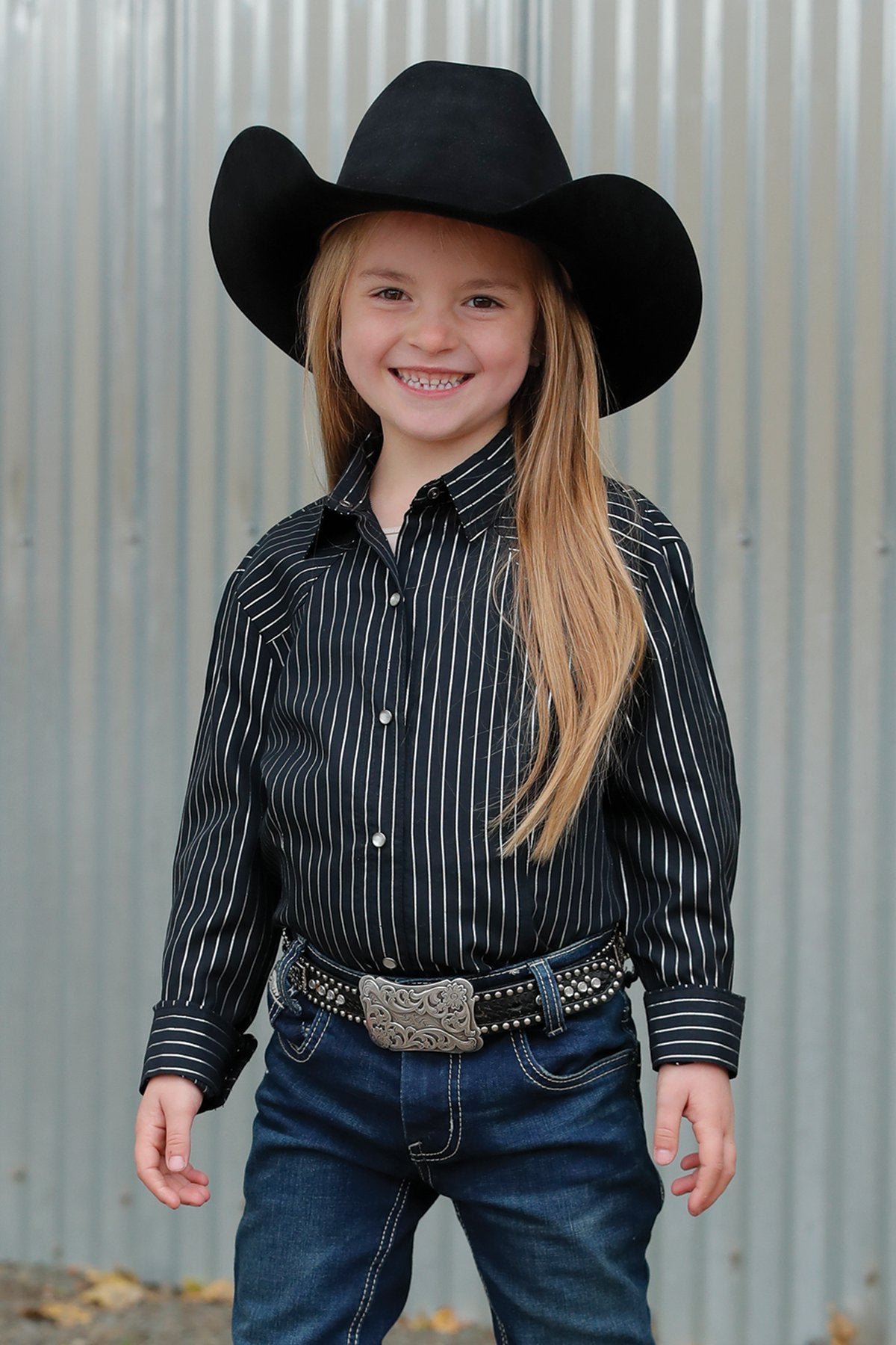 Girl's Metallic Stripe Snap Front Western Shirt - Black/Silver