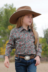 Girl's Paisley Print Snap Front Western Shirt - Red