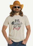 Rock & Roll Denim Men's Rodeo Time Hat graphic t-shirt in tan with cowboy hat and sunglasses.