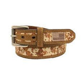 Ariat Men's Digital Camo USA Flag Medium Brown Belt featuring genuine leather and decorative buckle.