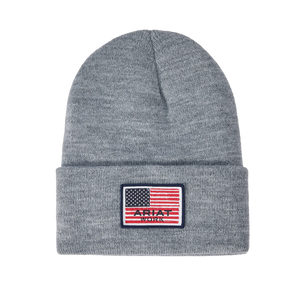 Ariat Rebar Roughneck Heather Grey with American Flag Logo Patch Watch Cap