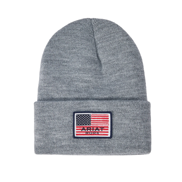 Ariat Rebar Roughneck Heather Grey with American Flag Logo Patch Watch Cap