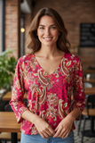 Roper Magenta V Neck Blouse Floral