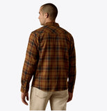 Ariat Men's Hynes Retro Western Snap Shirt in Rubber Plaid, featuring bull horn snaps and distinctive yoke detail, back view.