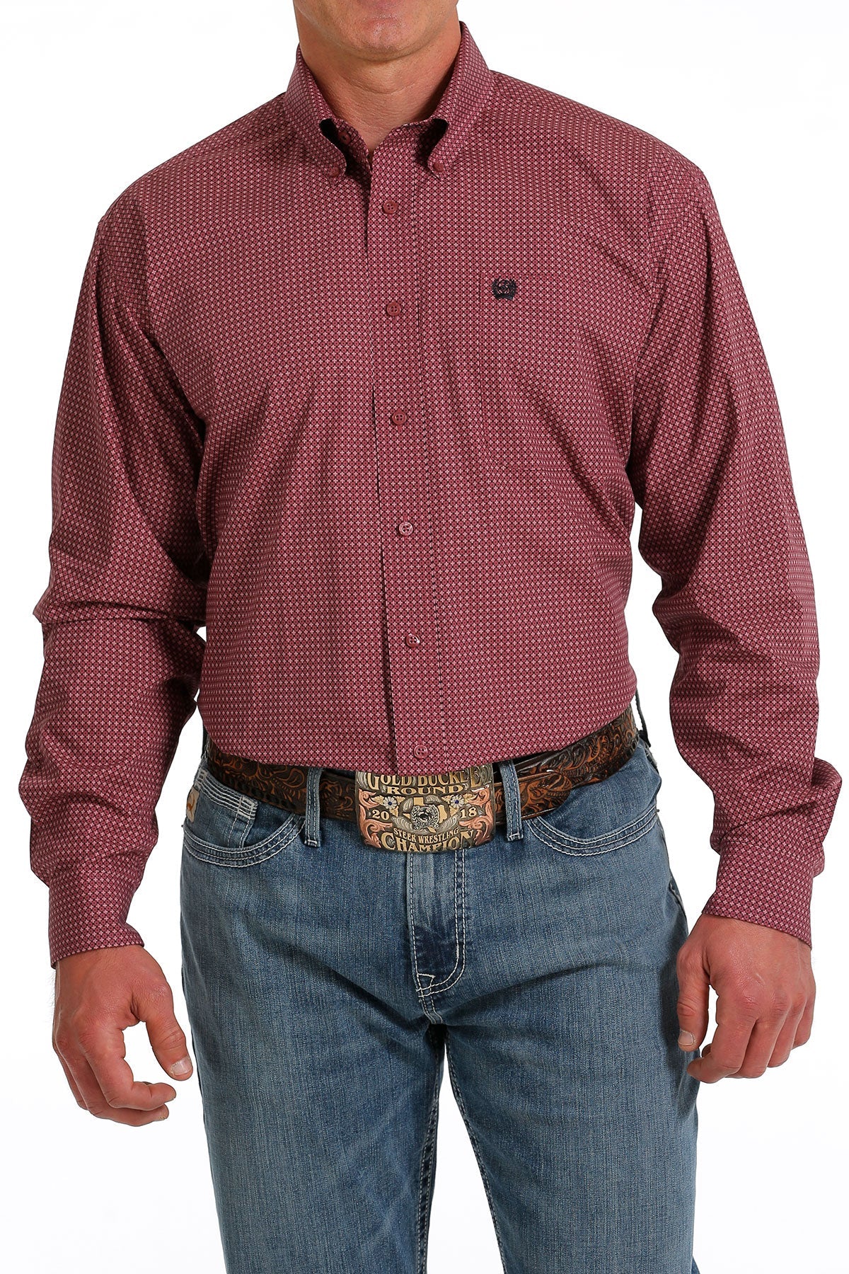 Cinch Men's Fuchsia & Black Geometric Print Button Down Shirt