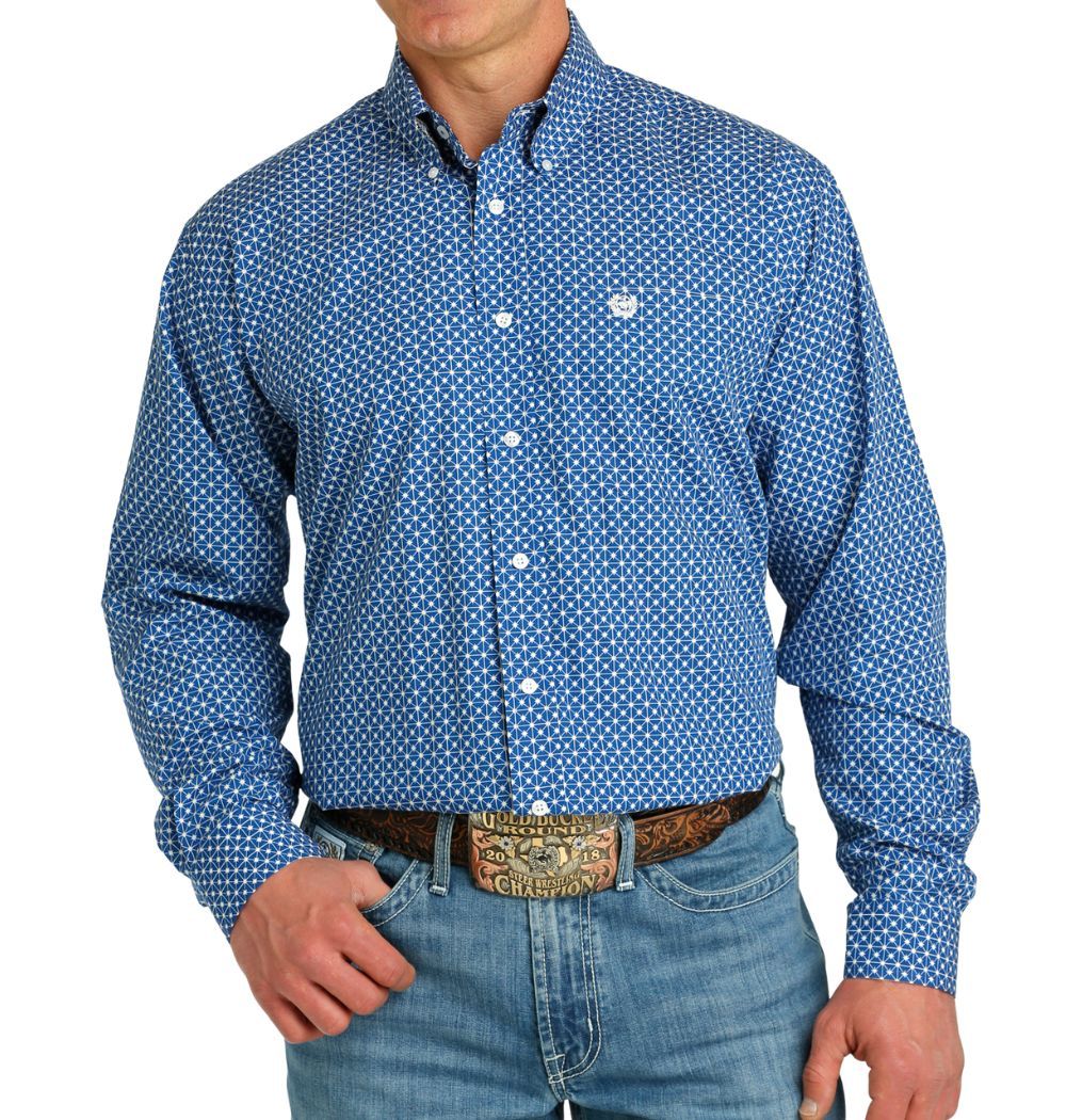 Cinch Men's Long Sleeve Button-Down Print Western Shirt - Royal Blue/White