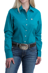 Women's Stretch Teal Solid Button-Down Shirt MSW9164167