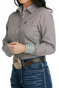 CINCH - Women's TENCEL™ Stripe Button-Down Western Shirt - White / Brown / Lime Green