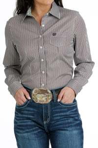 CINCH - Women's TENCEL™ Stripe Button-Down Western Shirt - White / Brown / Lime Green