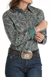 CINCH - Women's Paisley Print Button-Down Western Shirt - Gray/Teal