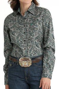 CINCH - Women's Paisley Print Button-Down Western Shirt - Gray/Teal