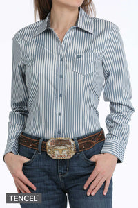 Womens Cinch Stripe Button Down Shirt Blue/White