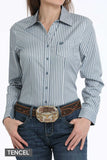 Womens Cinch Stripe Button Down Shirt Blue/White