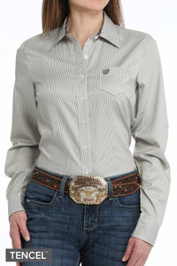 Women's Stripe Button-Down Western Shirt - Olive/White