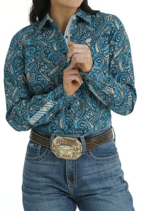 Womens Blue Paisley Button Down Shirt