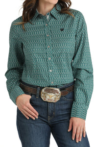 CINCH - Women's Geometric Print Button-Down Western Shirt - Teal