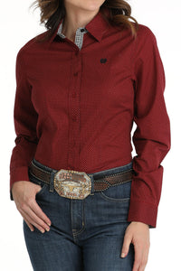 Women's Polka Dot Print Button-Down Western Shirt - Red