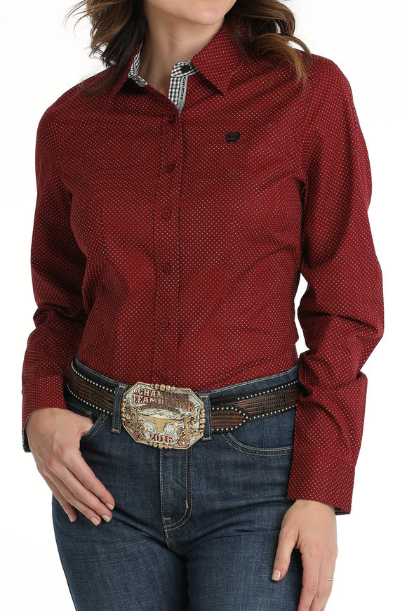 Women's Polka Dot Print Button-Down Western Shirt - Red