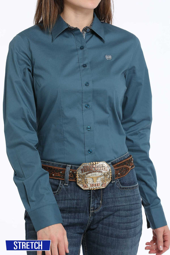 Womens Cinch Button Down Shirt Teal