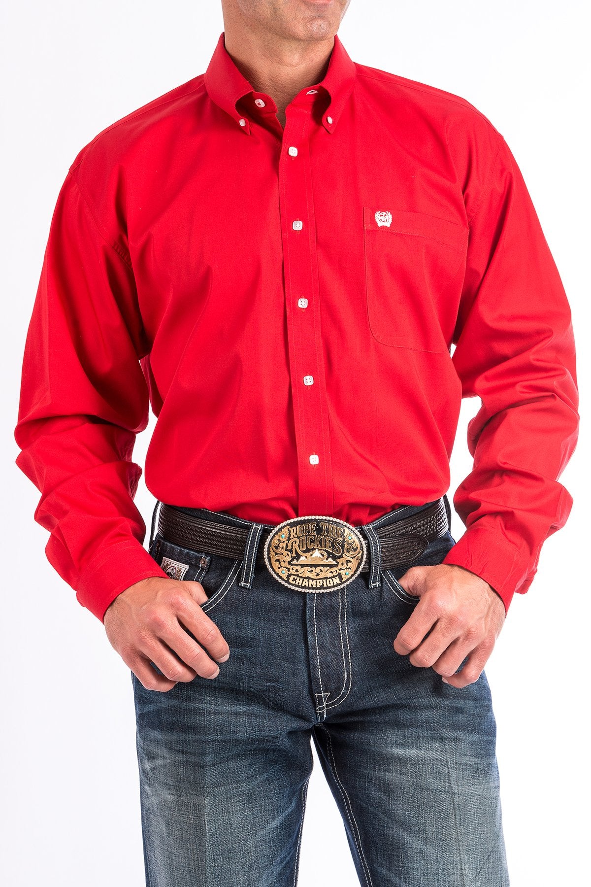 CINCH - Mens Long Sleeve Solid Button Shirt - Red