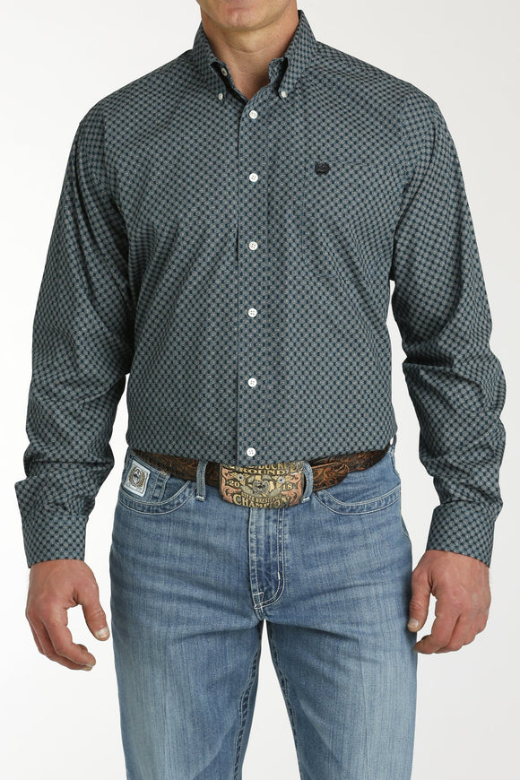 Men's Geometric Print Button-Down Western Shirt - Teal/Navy