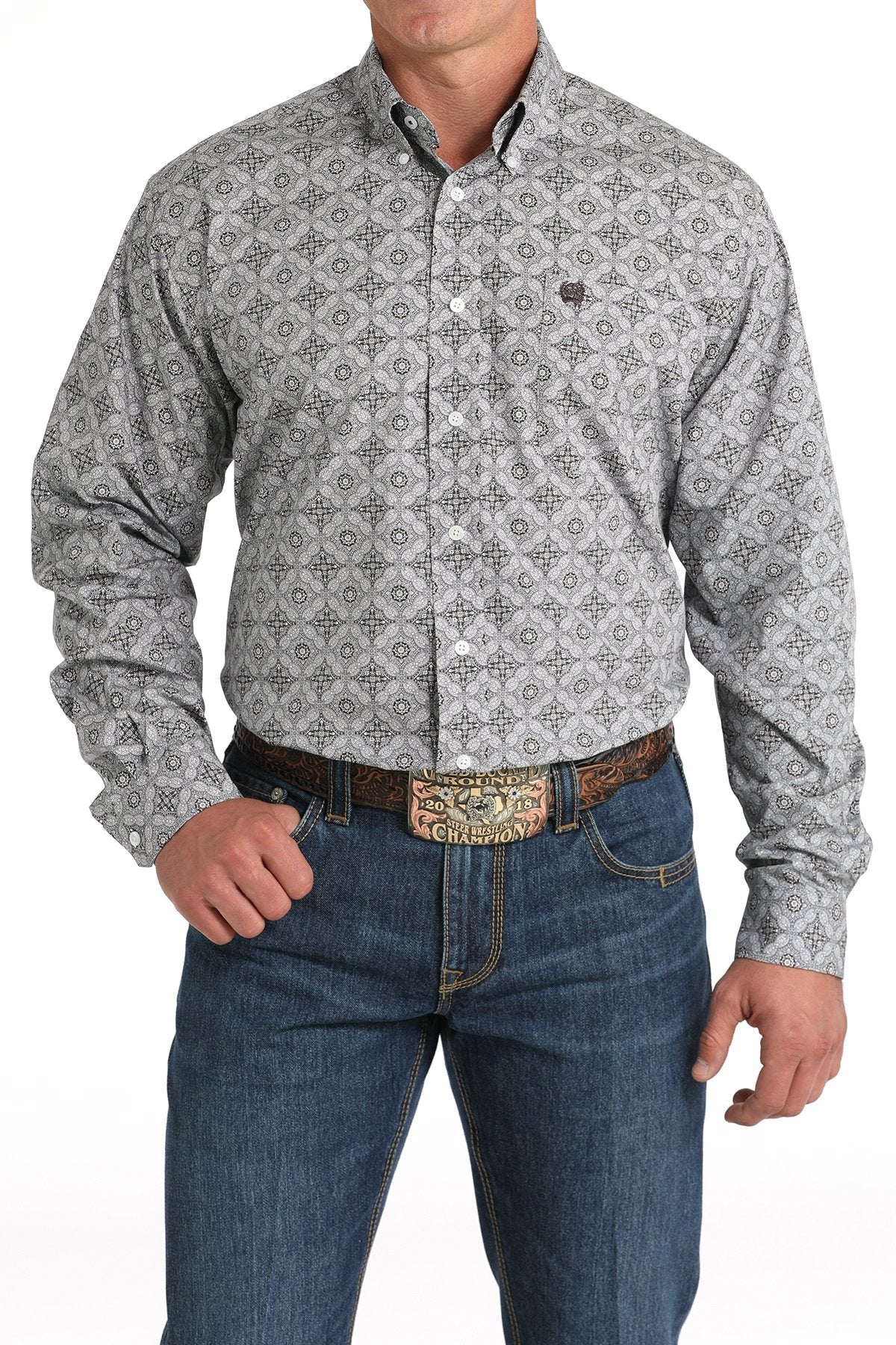 Men's Medallion Print Button-Down Western Shirt - Brown