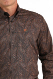 Men's Paisley Print Button-Down Western Shirt - Brown