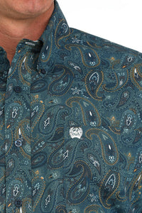 Men's Paisley Print Button-Down Western Shirt - Blue