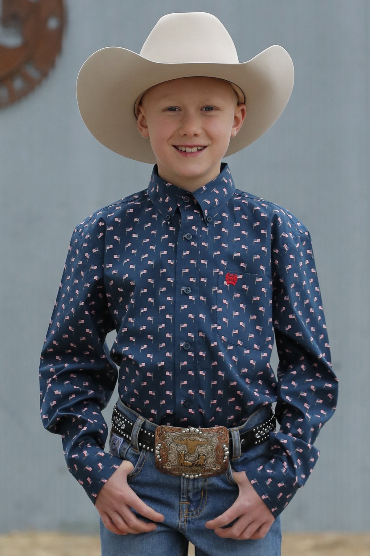 Boy's Match Dad Flag Print Button-Down Western Shirt - Navy